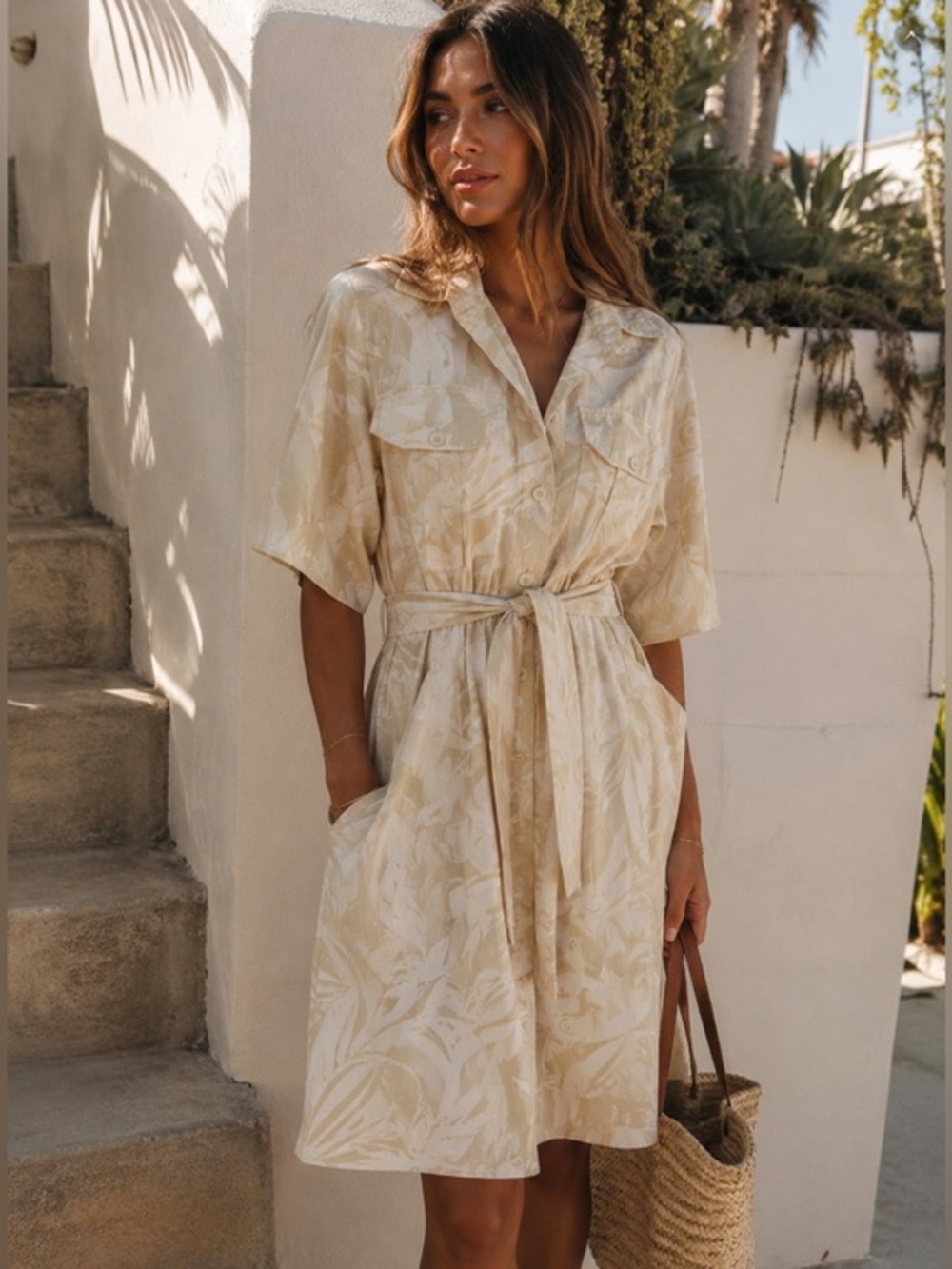 Vintage Beige Yellow Floral Midi Dress